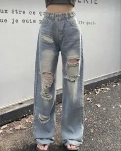 SHEIN M ウォッシュド ダメージワイドレッグジーンズ ストレート デニム