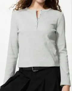 UNIQLO リブヘンリーネックT 長袖 ライトグレー L