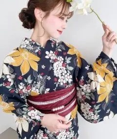 浴衣 浴衣3点セット（浴衣＋兵児帯＋飾り帯） レディース　紺色　花柄　おしゃれ