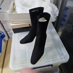 24cm　銀座かねまつ　ブラック本革スエードショートブーツ