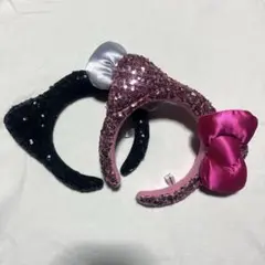 USJ ユニバ ハローキティ ピンク 黒 スパンコール カチューシャ 2点セット