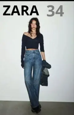 未使用＊ZARA TRF ワイドレッグ ハイウエスト フルレングスジーンズ 34