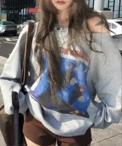 グレー ワンショルスウェット トレーナー ヴィンテージ風プリント