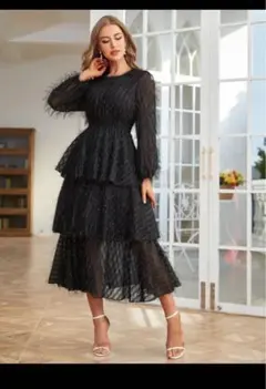 SHEIN Modely ランタンスリーブ レイヤーヘム ドレス　648