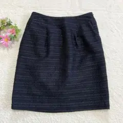 【OFUON】 ツイード タック 膝丈 タイトスカート (S) 上品 ブラック