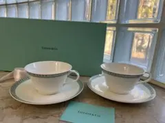 Tiffanyのプラチナブルーバンドのティーカップ、ソーサーのペア セット
