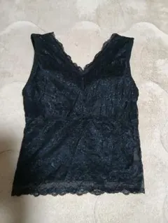 しまむら　ブラトップ　レース Vネック　黒　M