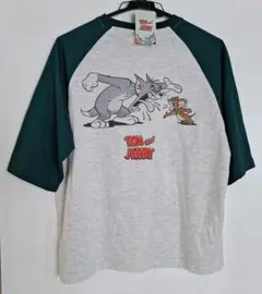 TOM and JERRY 五～七分袖Tシャツ ラグラン袖 杢グレー×深緑 M