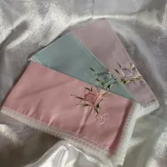 花柄刺繍 レース付きハンカチ3枚セット