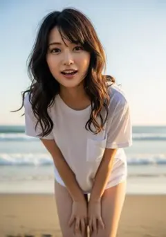 【現品限り！】【AI作成写真L判サイズ】理想の彼女 Tシャツのみ海