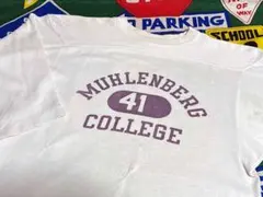 ビンテージ染み込みプリントフットボールTシャツ70sバータグ染み込み3段プリント