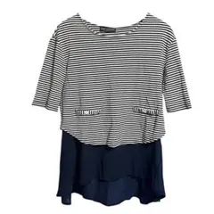 【お洒落】FASHION MESSAGE ボーダー レイヤード風 カットソー