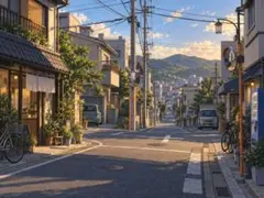 【イラスト】夕暮れの街並みと坂道 アートポスター