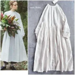 nest Robe ⿻ リネン 近江晒レース切り替え袖ワンピース 白 ナチュラル