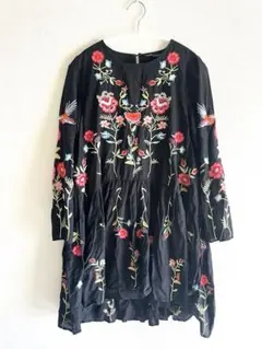 ZARA 刺繍 ワンピース XS 花柄 ブラック チュニック ミニワンピ 長袖