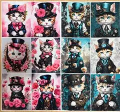 パネル生地 スチームパンク 猫 ネコ ピンクとブルー