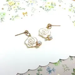 No.635☆フラワー×パール（ホワイト） ピアス イヤリング マスクチャーム