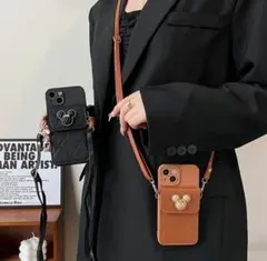 ♡iPhone14♡スマホケース 茶色ミッキー ミニー レザー