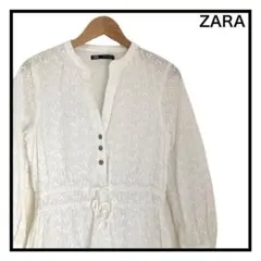 ZARA　ワンピース　ロング　ホワイト　長袖　ドット　フロントボタン　水玉　S