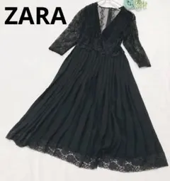 ZARA ザラ ブラック ワンピース レース プリーツ Vネック オケージョン