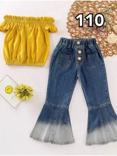 110 オフショルトップス フレアデニムパンツ 2点セット