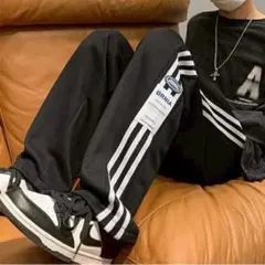 ストライプデザイン ブラック ジャージパンツ Lサイズ