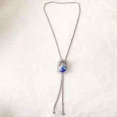 【生前整理】昭和レトロ品　オーバル型スライドネックレス　ループタイ　ブルー系