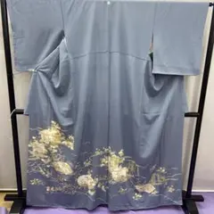 BY4992 青灰 色留袖 扇面 松 桜 橘 舟 着物 正絹 訪問着仕立