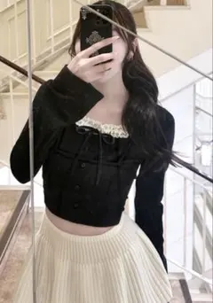 レイヤード風スクエアネックレースリブトップス[dk1370]