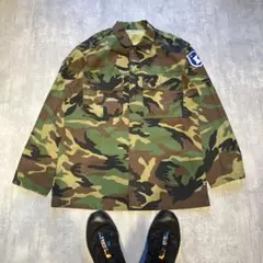 迷彩 ミリタリージャケット コットン　カモ　古着　緑　黒　襟付き　 L相当　美品