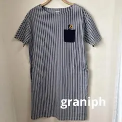 美品graniphグラニフ 紺×白ストライプ ワンピース ビューティフルシャドーのサムネイル