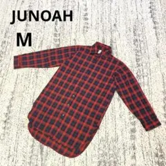ジュノア ロングシャツワンピース チュニック M 赤 黒 ネルシャツ チェック