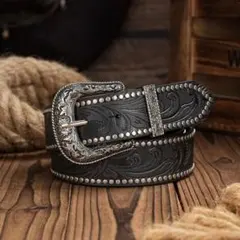 スタッズ ウエスタンベルト 黒アメカジY2K アンティーク 男女兼用ヴィンテージ
