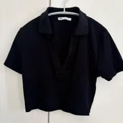 ZARA リブ ポロシャツ 半袖 スキッパー クロップド ブラック