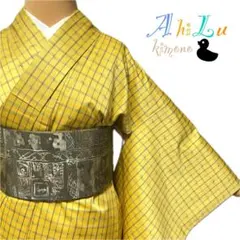 【G8143】洗える着物 小紋 袷 化繊 黄 対象身長～156cm 送料無料