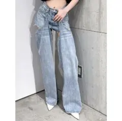 GYDA ハイウエストレイヤードデザイン2wayデニムパンツ　S