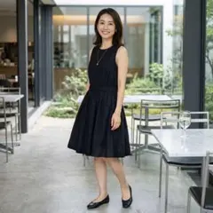 G7600*セオリー☆ワンピース☆黒☆2☆麻混☆ノースリーブ☆フレア☆背中開き