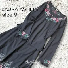 ◆ローラアシュレイ◆花柄刺繍 ノーカラーブラウス トップス 9 黒　953E