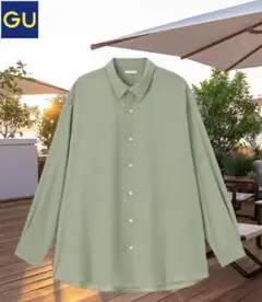 GU　イージーケアシアーオーバーサイズシャツ　長袖　男女兼用S　オリーブ