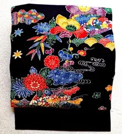 琉球紅型染名古屋帯 黒地 花柄