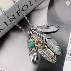 【新品】フェザーネックレス メンズ シルバー ターコイズ 4連 バイカー