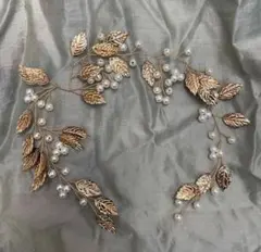 ウェディングヘッドドレス 金色の葉とパール