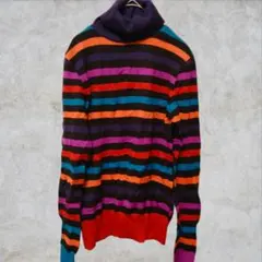 美品✨マルチカラーボーダー リブニット タートルネック 派手 レトロ　ストライプ