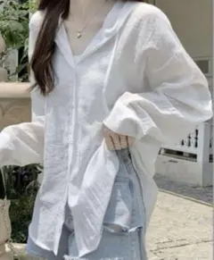 オーバーサイズ シアー パーカー ホワイト シャツ フード付き ルーズ 韓国