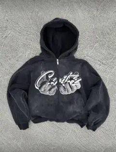 ダークグレー フロントプリント ジップアップパーカー