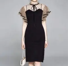 シースルードット 黒 リボン 膝丈 ワンピース フリル袖 結婚式 二次会　M