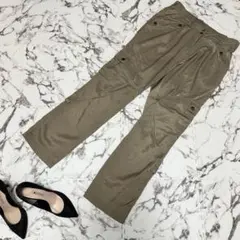 光沢 カーキ ワークパンツ シルキー ゴムウエスト カジュアル 履きやすいのサムネイル