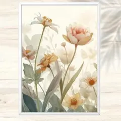 A4 柔光に包まれた春の花々と優美な余白 水彩風景画アート ウォールアート