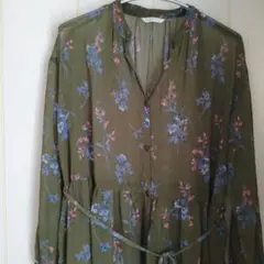 used persodea シアー素材　花柄　シャツワンピ　ノーカラー　オリーブ