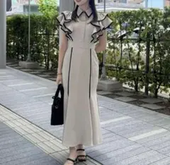 M me eme バイカラーリボンプリーツシルエットロングワンピース